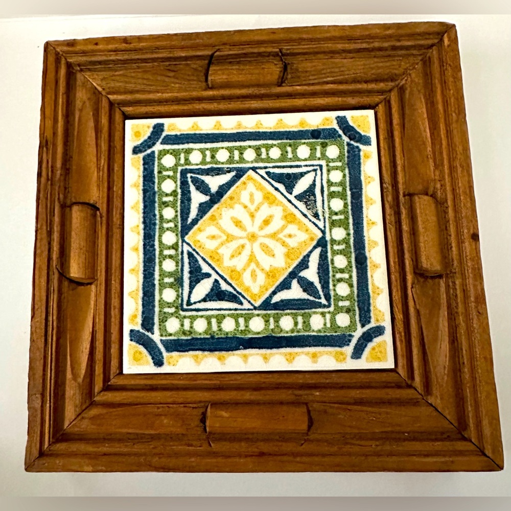 Artisan Handmade Handcarved Wood & Ceramic Tile Trivet Tray made in Spain OOAK